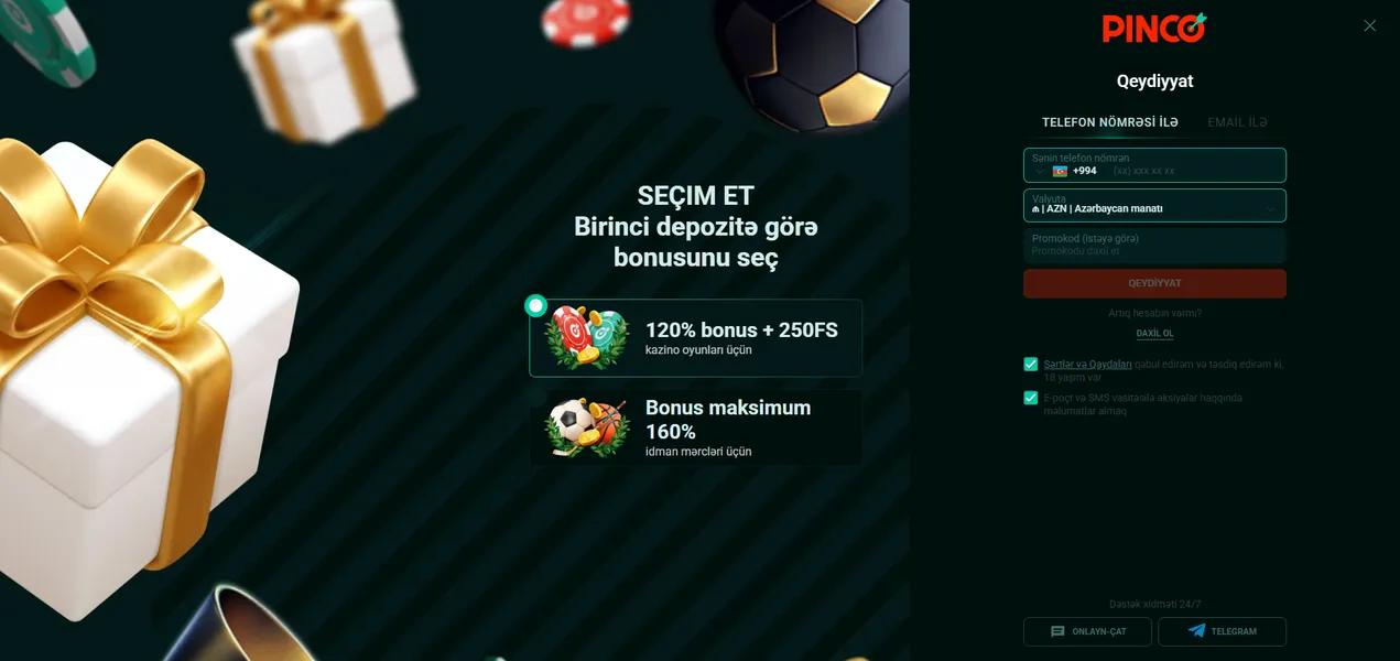 Hazırda aktual Pinco bonus: 120% və 250 FS